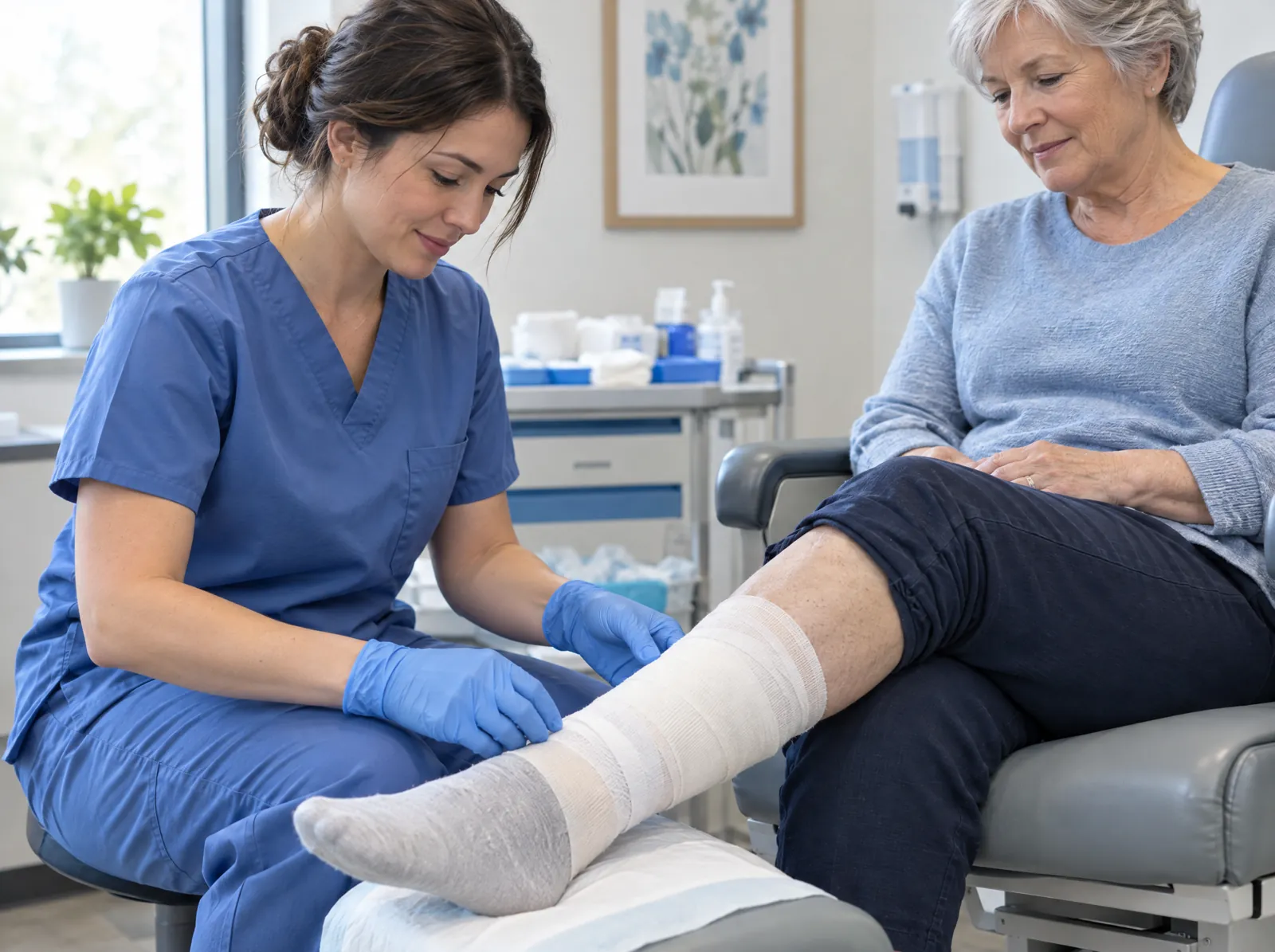 RCM software for Wound Care: wound care nurse dressing an older patient's lower leg