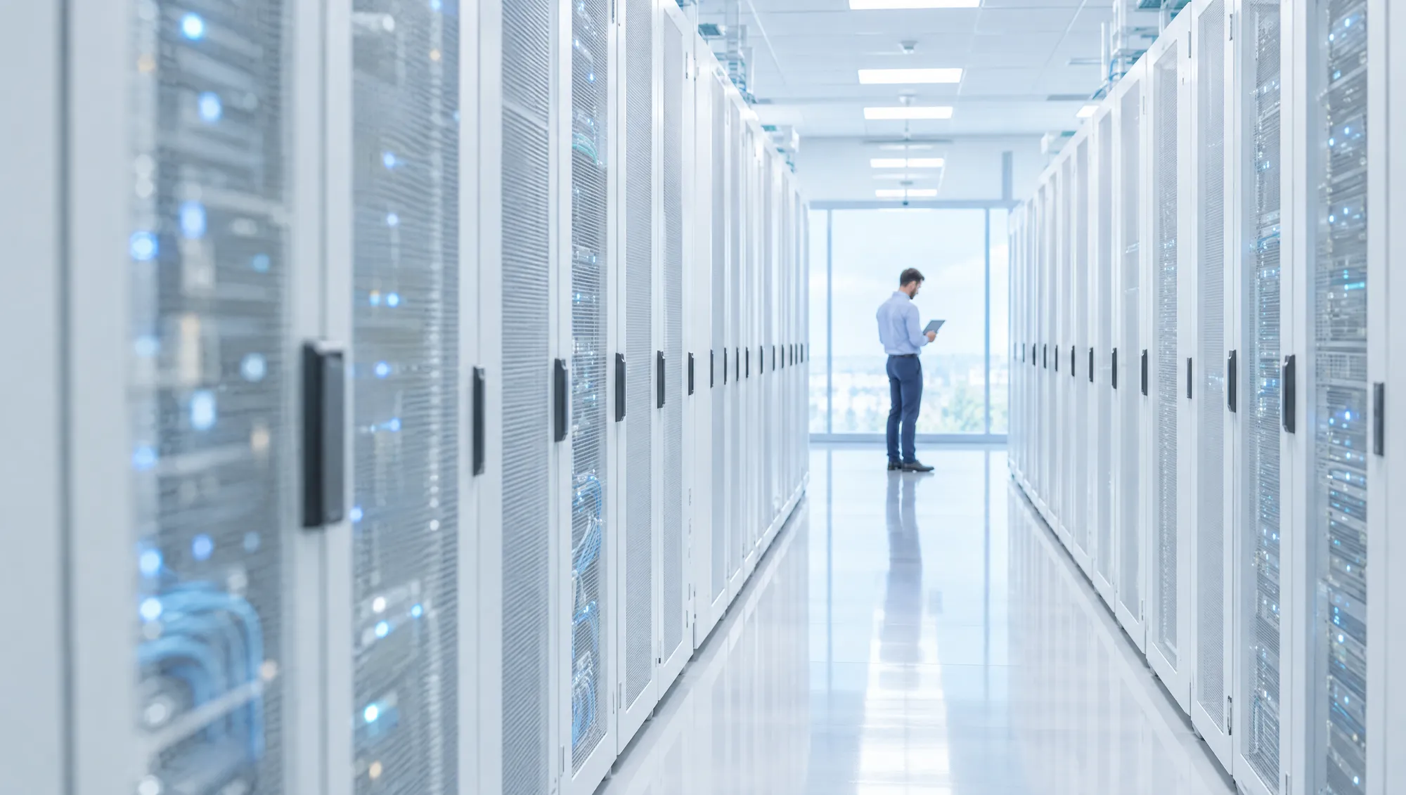 Bright, secure cloud data center aisle with an engineer reviewing a tablet