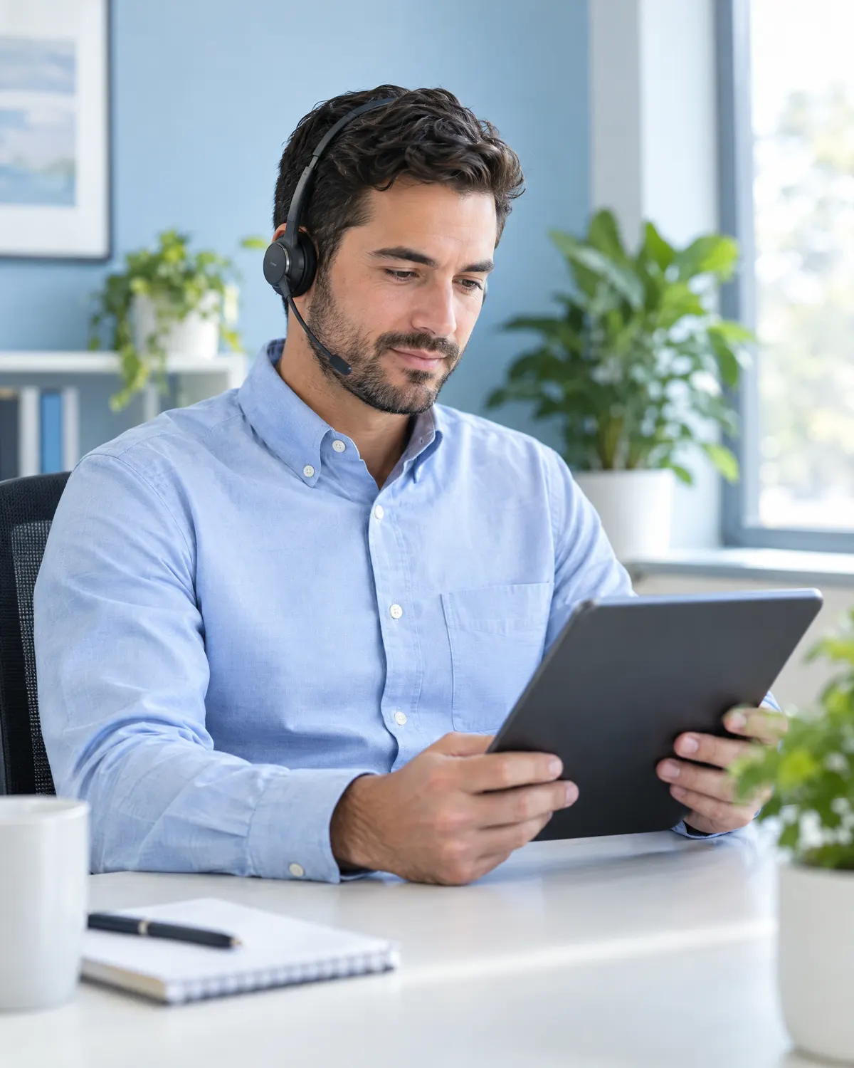 Prior authorization coordinator on a headset reviewing a tablet at his desk