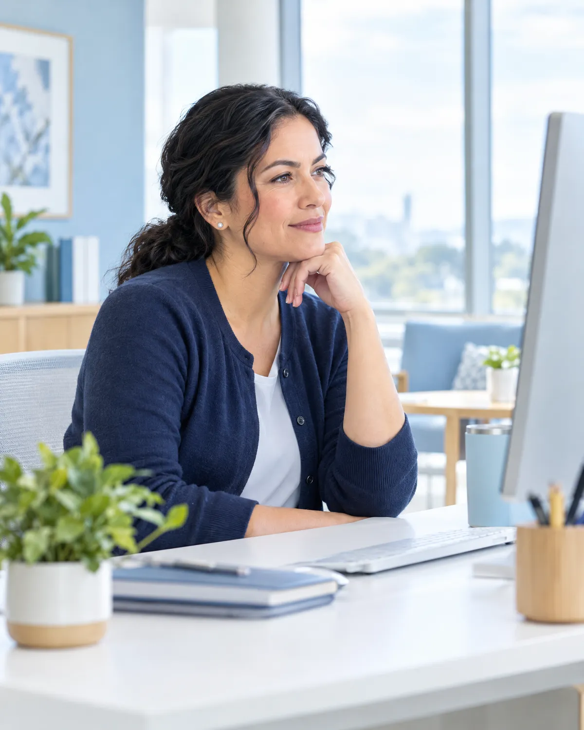 Revenue cycle specialist at her desk in a bright practice office, chin on her hand, reviewing her monitor