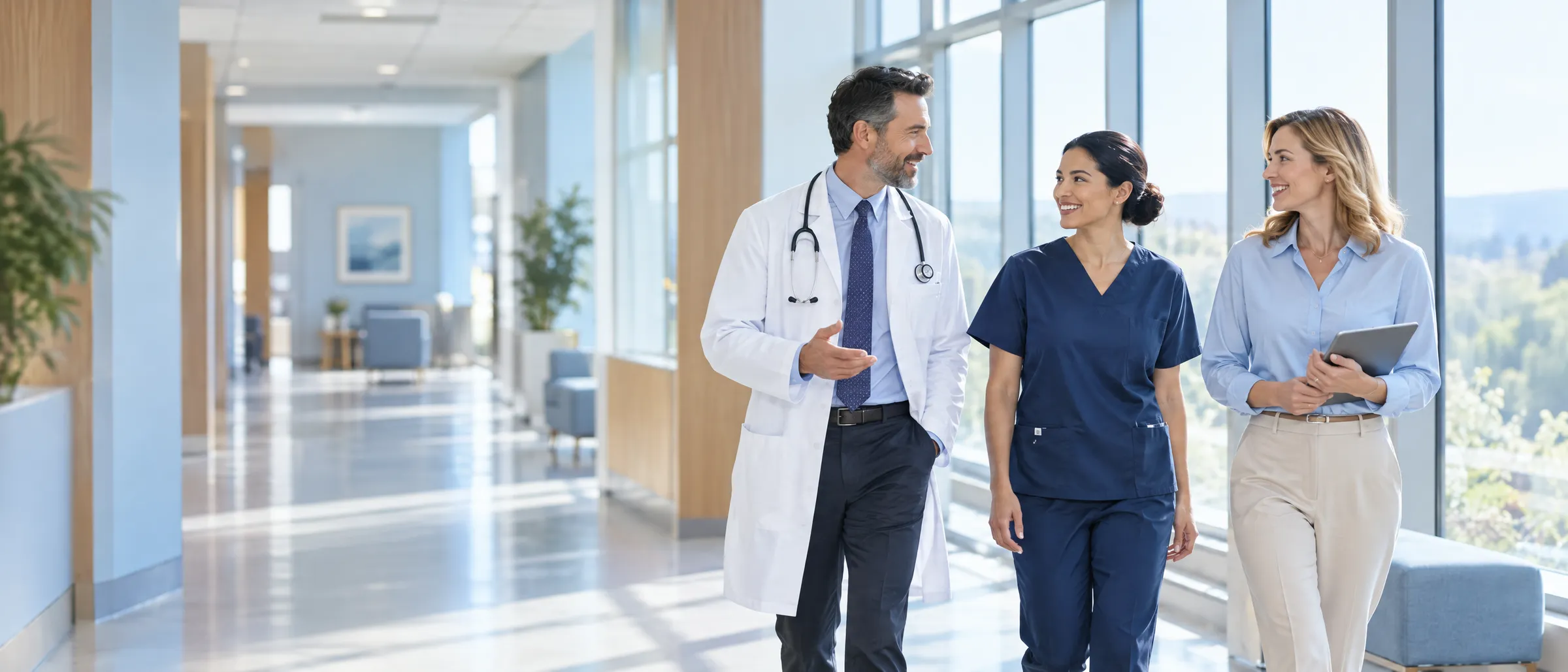 Physician, nurse, and practice administrator walking and talking in a bright clinic corridor