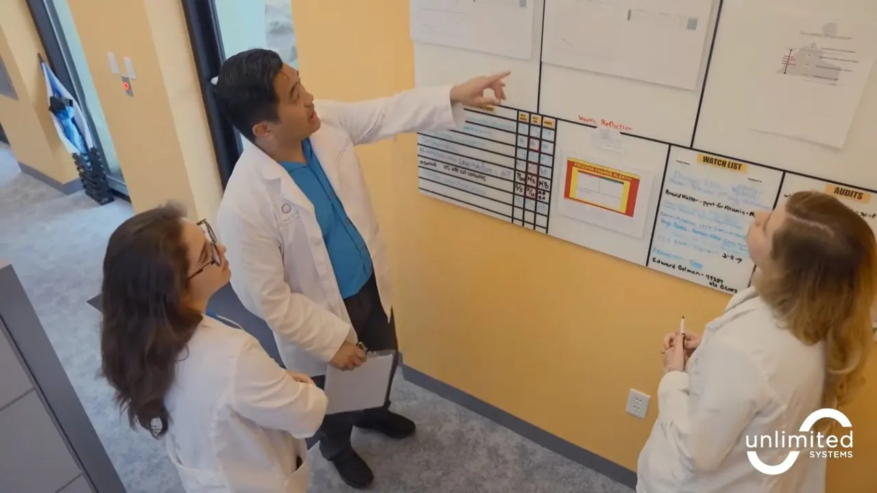 Ackerman Cancer Center clinicians reviewing a process board together