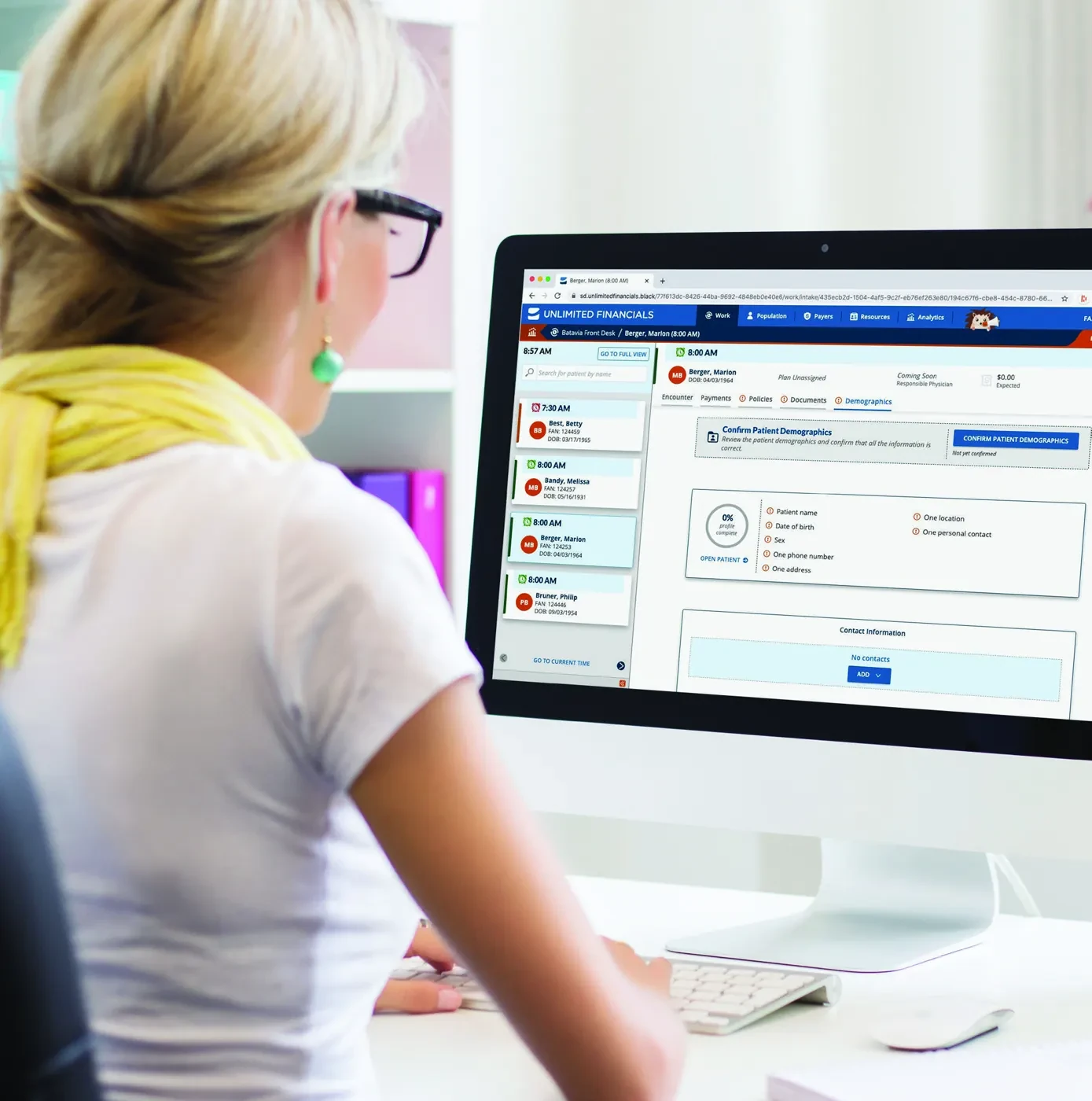 Unlimited Financials RCM software brochure cover: a front-office staff member working in the platform