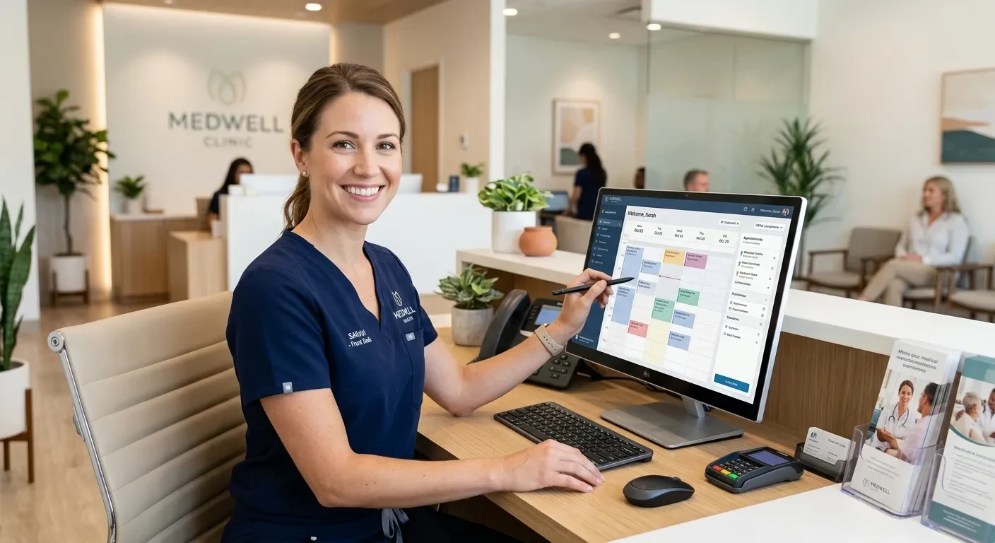 Patient scheduling software in use: a front-desk coordinator reviewing a scheduling workflow