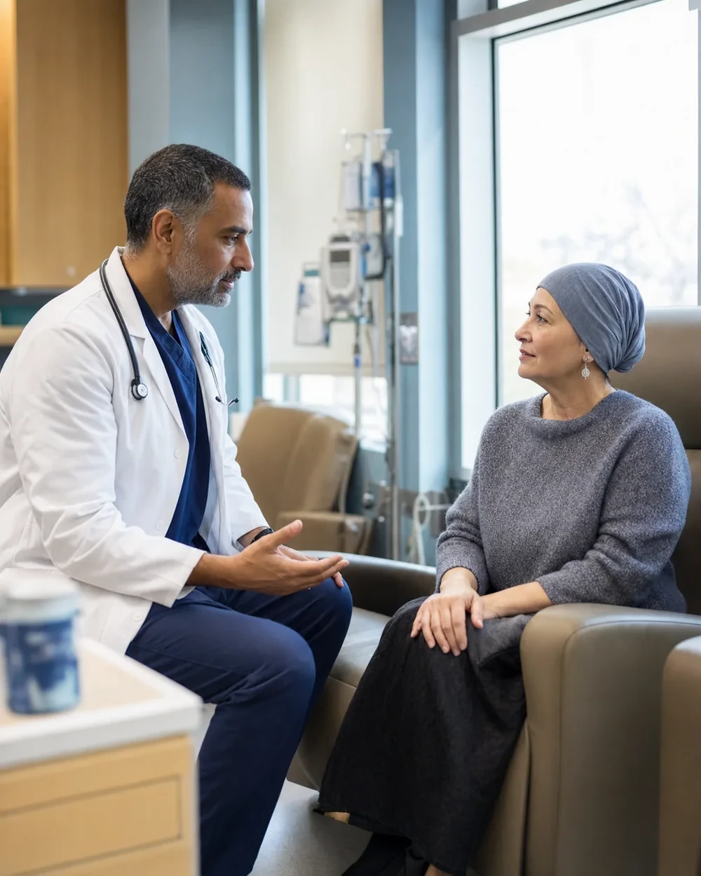 RCM software for oncology: an oncologist speaking with a patient in an independent infusion clinic